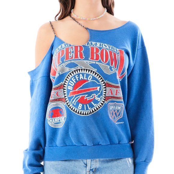 VINTAGE BUFFALO BILLS ONE SHOULDER DOUBLE CHAIN SWEATSHIRT - Picture 3 of 3